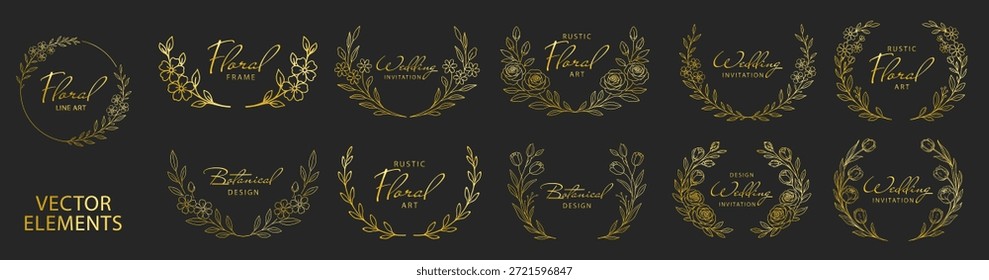 Marcos florales dorados de la corona y bordes botánicos circulares, flores y hojas elegantes del arte de la línea, diseño decorativo de lujo de la invitación de la boda fijado en fondo transparente