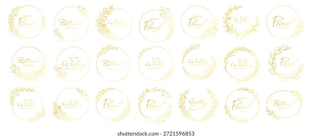 Marcos florales dorados de la corona y bordes botánicos circulares, flores y hojas elegantes del arte de la línea, diseño decorativo de lujo de la invitación de la boda fijado en fondo transparente