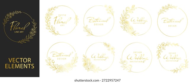 Marcos florales dorados de la corona y bordes botánicos circulares, flores y hojas elegantes del arte de la línea, diseño decorativo de lujo de la invitación de la boda fijado en fondo transparente