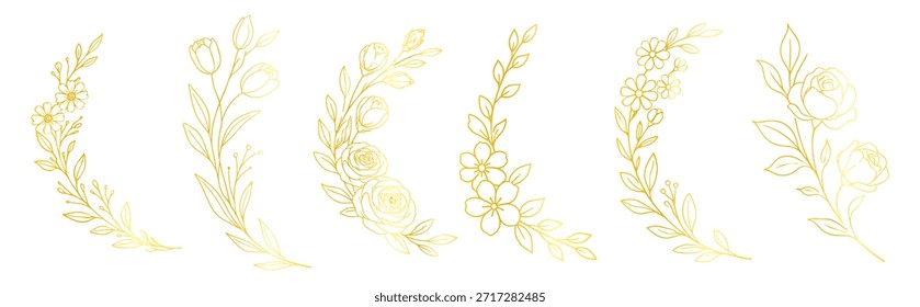 Conjunto de marcos de corona floral de oro, bordes y adornos circulares botánicos elegantes, Ilustración vectorial de arte de línea dibujada a mano de lujo para diseño de boda sobre fondo transparente