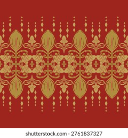 Golden florals theme on red background luxury Baroque style border pattern with elegance hand drawn ornament and geometric twisted design. Elegance grandiose filigree silk weaves handicraft decorate  