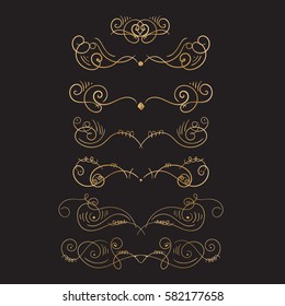Golden Flourish embellishments. Filigree calligraphic elegant swirls elements for tattoo illustration