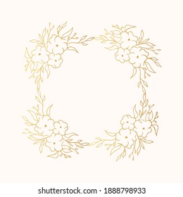 Golden flourish ornate square wreath with rustic herb or brunch. Floral gold frame for wedding card. Vector isolated elegant foliage border.