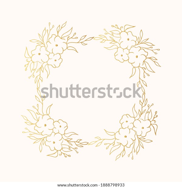 Golden flourish ornate square wreath with rustic\
herb or brunch. Floral gold frame for wedding card. Vector isolated\
elegant foliage border.