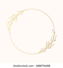 Golden Flourish Ornate Wreath With Rustic Herb Or Brunch. Floral Gold Round Frame For Wedding Card. Vector Isolated Elegant Foliage Border.