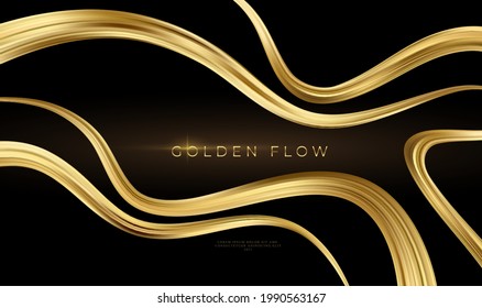 Golden flow on black background. Abstract shiny color gold wave design element. Vector illustration EPS10