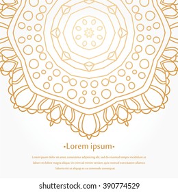 Golden Flower. Background in the shape of a flower. Geometric sign. Volumetric golden big bud. Flower circular background. Mandala. Vintage decorative elements. Stylized flowers. Place in the text. 