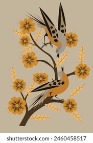 Golden flower bird nature background vector illustrator