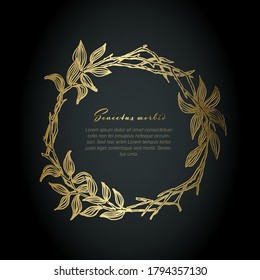 Golden flower circle frame illustration template made from various flowers - funeral card template