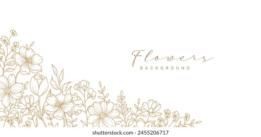 Goldener Blumenrahmen. Ecke. Luxus-Muster mit einem Blumenstrauß, Zweigen, Blättern. Vektorillustration mit gezeichneten eleganten Vintage Botanische Dekorative Elemente