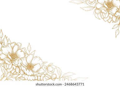 Marco de flor de oro. Esquina. Patrón de lujo con un ramo de flores, ramas, hojas. Ilustración vectorial con Elementos decorativos botánicos vintage elegantes dibujados