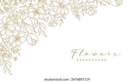 Golden flower frame. Corner. Luxury pattern with a bouquet of flowers, branches, leaves. Vector illustration with drawn elegant vintage botanical decorative elements