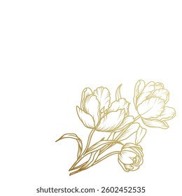 Golden flower frame. Corner. Luxury pattern with a bouquet of flowers, branches, leaves. Vector illustration with drawn elegant vintage botanical decorative elements