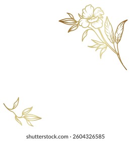 Golden flower frame. Corner. Luxury pattern with a bouquet of flowers, branches, leaves. Vector illustration with drawn elegant vintage botanical decorative elements