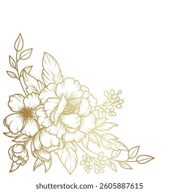 Golden flower frame. Corner. Luxury pattern with a bouquet of flowers, branches, leaves. Vector illustration with drawn elegant vintage botanical decorative elements