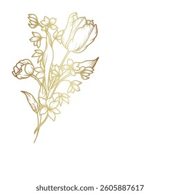 Golden flower frame. Corner. Luxury pattern with a bouquet of flowers, branches, leaves. Vector illustration with drawn elegant vintage botanical decorative elements