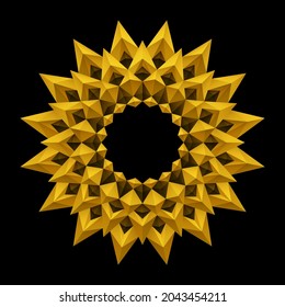 Patrón de marco de flores doradas sobre fondo negro. Formas geométricas 3D. Estilo mandala de originami. Diseño de elementos para publicación, portada, tarjeta, afiche, tela, volante, banner, pared. Ilustración vectorial.