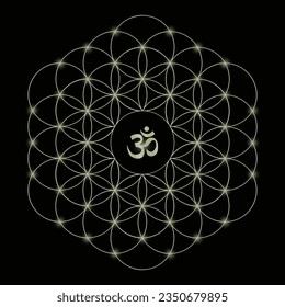 Golden flower of live with on symbol in the center. Vector illustration on black background.