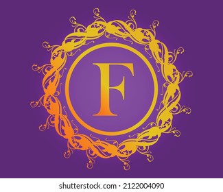 Golden flower logo design with letter F. Luxury gold emblem, brand or company name. Round floral icon for jewelry salon, boutique, cosmetics store, shop.