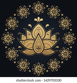 Golden flower lotus mandala on dark background. Vector folk and boho print design