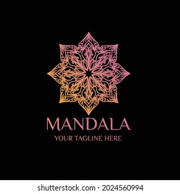 Golden Flower Mandala Logo Vector in Elegant Style on Black Background