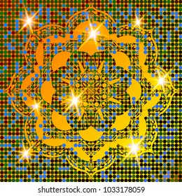 Golden Flower Mandala. Vintage decorative elements. Oriental pattern, vector. Islam, Arabic, Indian, moroccan, spain, turkish, pakistan, chinese, mystic, ottoman motif. Gold luxury shiny mosaic  decor