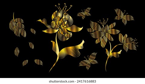 Golden flower object. hand drawn. Not AI . Vector illustration