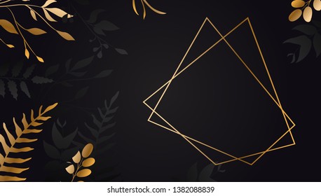 Golden flower on black background .Gold leaf with lines. Floral brochure, card, cover Vector.