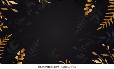 Golden flower on black background .Gold leaf. Floral brochure, card, cover Vector.