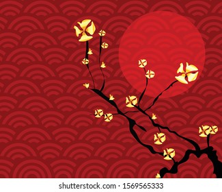 Golden flower on red Chinese pattern background and sun