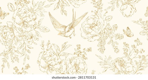 Golden flower seamless pattern line art background. Baroque victorian rococo floral vintage print with leaves, bird swallow, butterflies. Luxury gold botanical ornament. Vector outline illustration