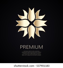 Golden flower shape. Gradient premium logotype. Isolated floral logo. Business identity concept for bio, eco company, yoga or spa salon.