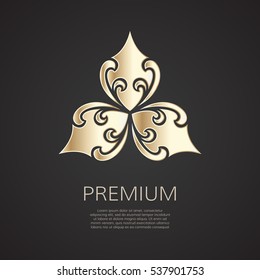Golden flower shape. Gradient premium logotype. Isolated floral trefoil logo. Business identity concept for bio, eco company, yoga or spa salon.