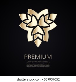 Golden flower shape. Gradient premium logotype. Isolated floral trefoil logo. Business identity concept for bio, eco company, yoga or spa salon.
