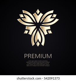 Golden flower shape. Gradient premium logotype. Isolated floral trefoil logo. Business identity concept for bio, eco company, yoga or spa salon.