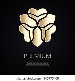 Golden flower shape. Gradient premium logotype. Isolated floral trefoil logo. Business identity concept for bio, eco company, yoga or spa salon.