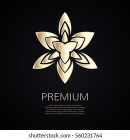 Golden flower shape. Gradient premium logotype. Isolated floral trefoil logo. Business identity concept for bio, eco company, yoga or spa salon
