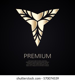 Golden flower shape. Gradient premium logotype. Isolated floral trefoil logo. Business identity concept for bio, eco company, yoga or spa salon