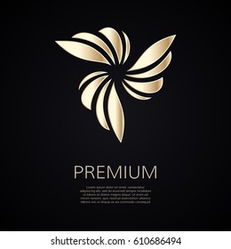 Golden flower shape. Gradient premium logotype. Isolated floral trefoil logo. Business identity concept for bio, eco company, yoga or spa salon