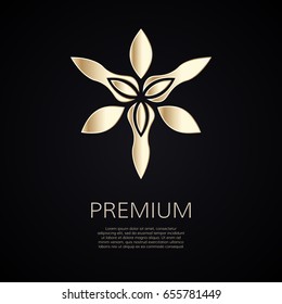 Golden flower shape. Gradient premium logotype. Isolated floral trefoil logo. Business identity concept for bio, eco company, yoga or spa salon