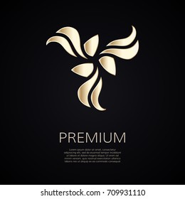 Golden flower shape. Gradient premium logotype. Isolated floral trefoil logo. Business identity concept for bio, eco company, yoga or spa salon.