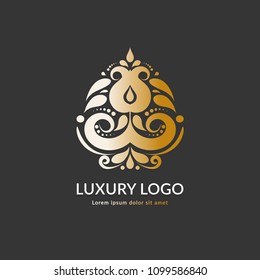 Golden flower, vector logo. Elegant, classic elements. Can be used for jewelry, beauty and fashion industry. Great for monogram, invitation, flyer, menu, brochure, background, or any desired idea.