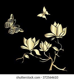 Golden Flowering Branch of Magnolia and butterflies  on black background . Hand drawn vector illustration, sketch. Elements for design.