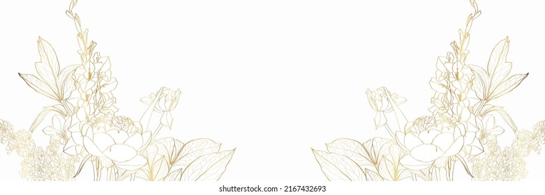 Golden flowers Background Illustration. Garden line flowers frame. 