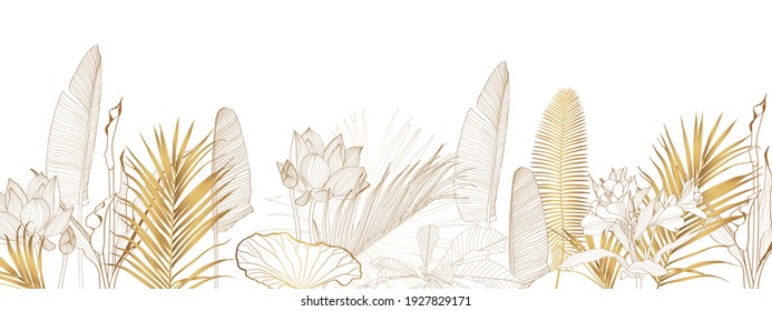 Golden flowers with buds, small flower, leaves and silhouette background. Line vintage style. Horizontal border illustration. Perfect for print, textile, cards and apparel.