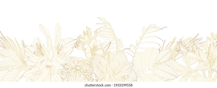 Golden flowers with buds, small flower, leaves and silhouette background. Line vintage style. Horizontal border illustration. Perfect for print, textile, cards and apparel.