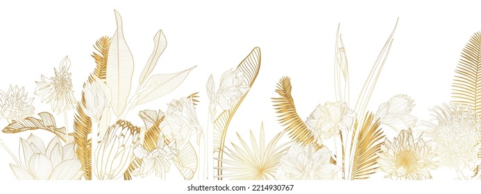 Golden flowers with buds, small flower, palm leaves and silhouette background. Line vintage style. Horizontal border illustration. Perfect for print, textile, cards and apparel.