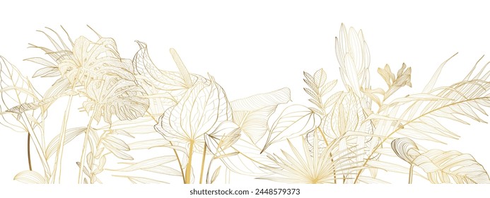 Golden flowers with buds, small flower, leaves and silhouette background. Line vintage style. Horizontal border illustration. Perfect for print, textile, cards and apparel.