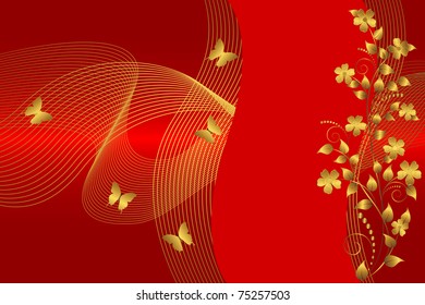 Golden flowers and butterflies on the red background. Vector.