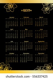Golden flowers design element, hand drawn vector background. Narcissus is one of symbols of Spring Festival or Chinese New year in China. Gold and black. Calendar for 2017, week starts on Monday
